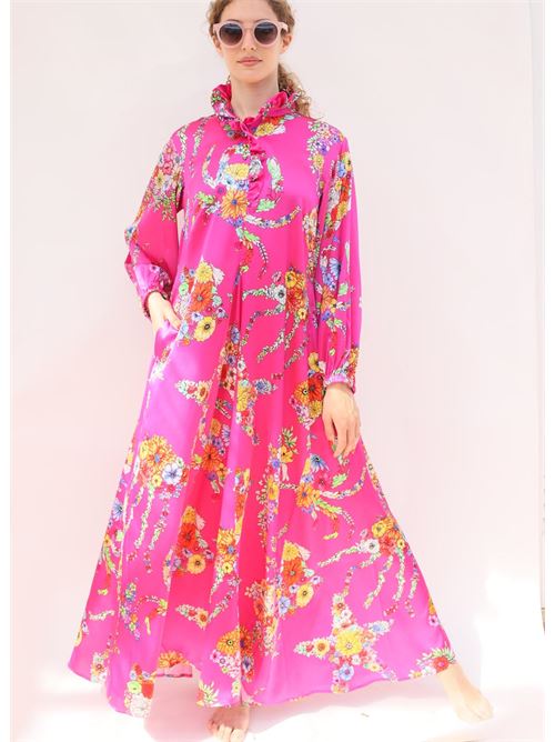 Vestito lungo in seta fucsia con fantasia fiori Laboratorio Capri | GIAVAFIORIPESCIFUCSIA